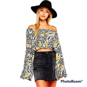 Olivaceous small black white gold safari off shoulder tied open back top